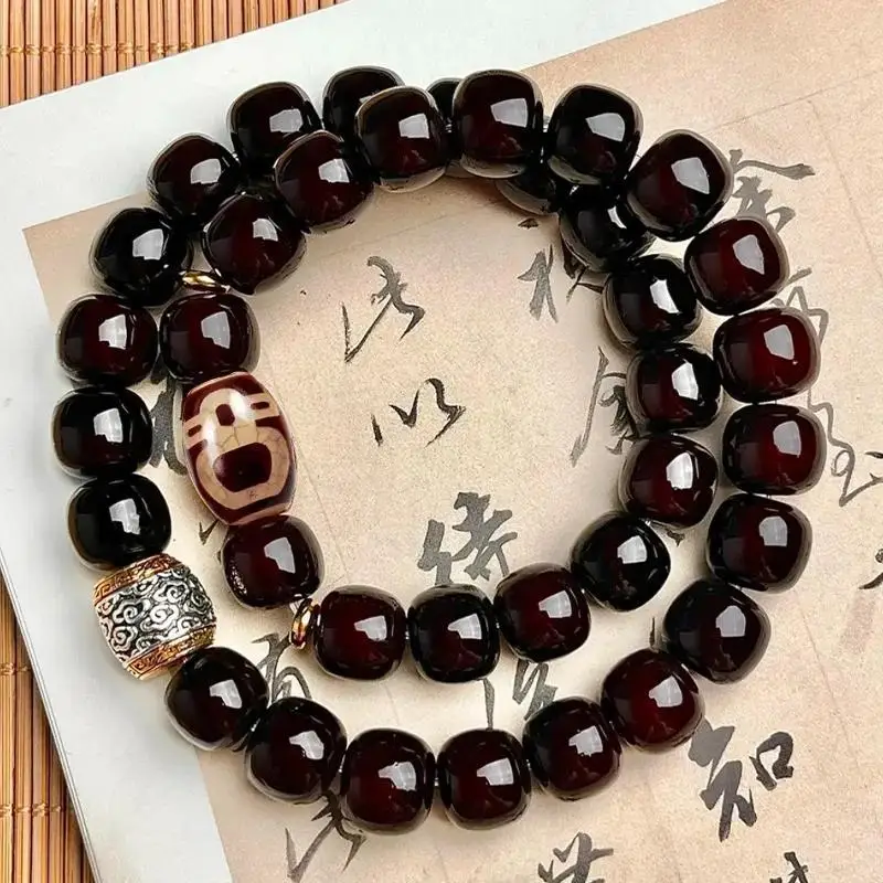 Soft-Textured, Aged-Style Bodhi Bead Bracelet, Men'S Version, Featuring A Double-Strand Design With A Buddha Charm,