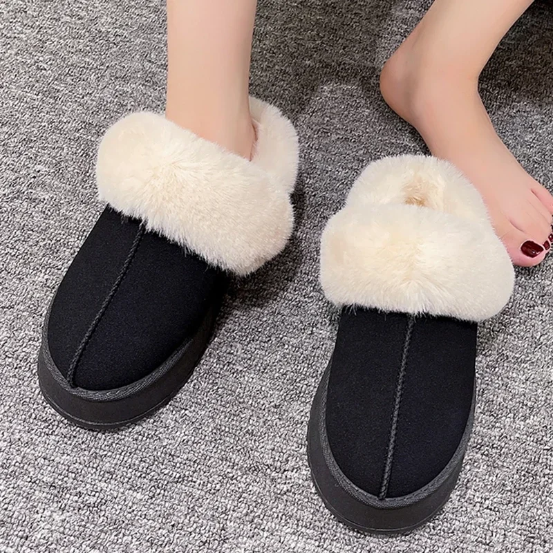 Women Thick Sole Faux Fur Slippers Winter Plush Warm Cotton Shoes Woman Indoor Outdoor Non Slip Fluffy Platform Slippers 2024 image 3