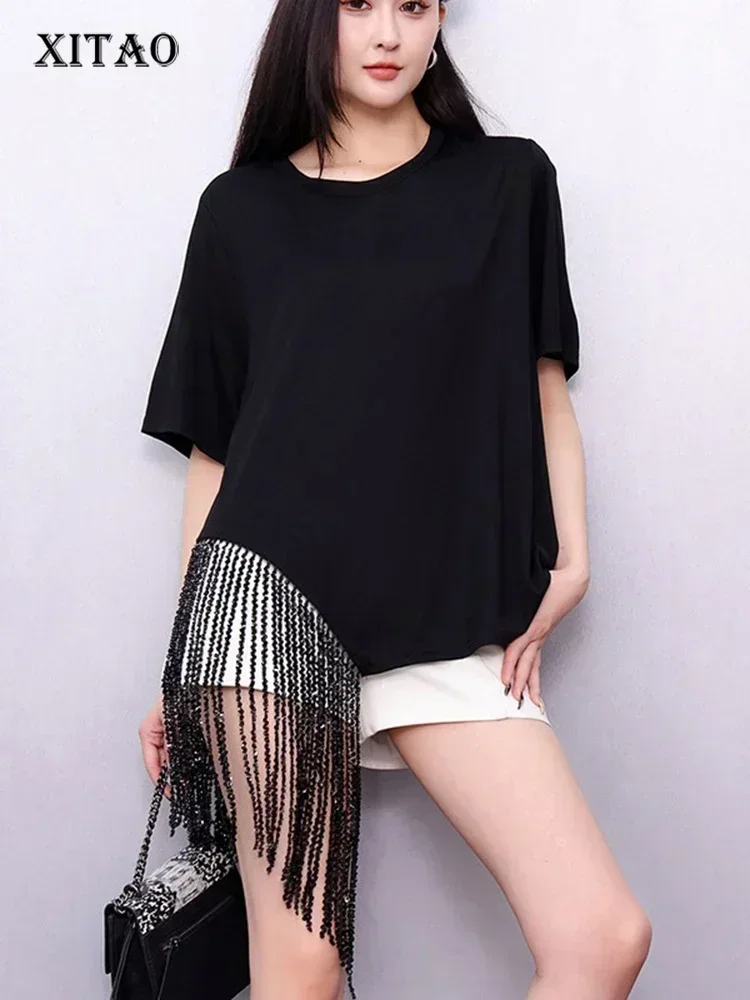 

XITAO Loose Tassels Asymmetric Women T-shirt Fashion Trend Short Sleeve O-neck Women Temperament All-match Simple Top ZMY1176