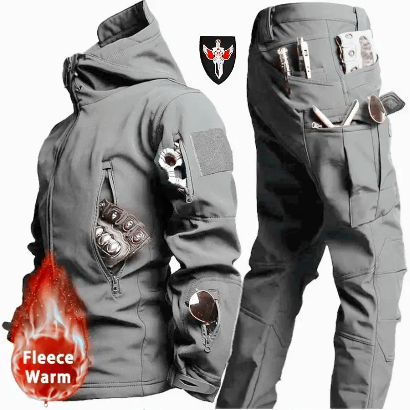 

5XL 6XL Mens Camo Tactical Sets Waterproof Hooded Zipper Jackets Multi-pocket Softshell Outdoor Pants Winter Fleece Cargo Suit