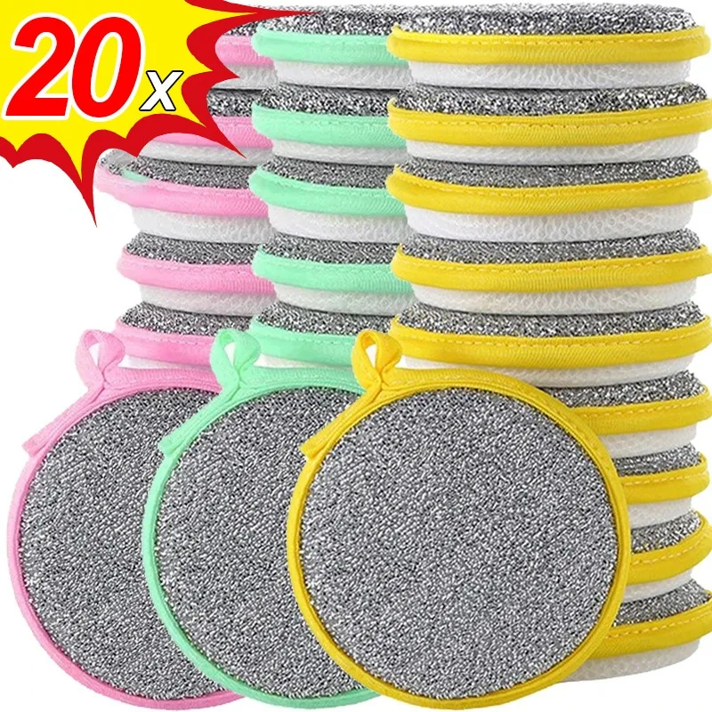 5/20PCS Double Side Dish Washing Sponge Round Thickened Scouring Pad Reusable Washable Sponges Kitchen Pan Pot Cleaning Rags