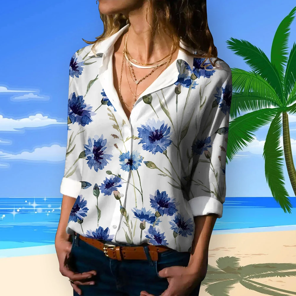 Camisa havaiana de mangas compridas feminina, estampa geométrica, blusa simples senhora do escritório, tamanho grande, na moda, primavera, verão