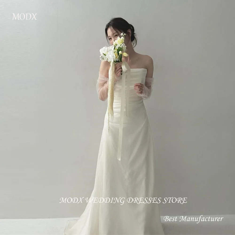 

MODX 2025 Simple Silk Wedding Dresses Korea Photo shoot Strapless Long Sleeves Floor Length Bridal Gowns Corset Back