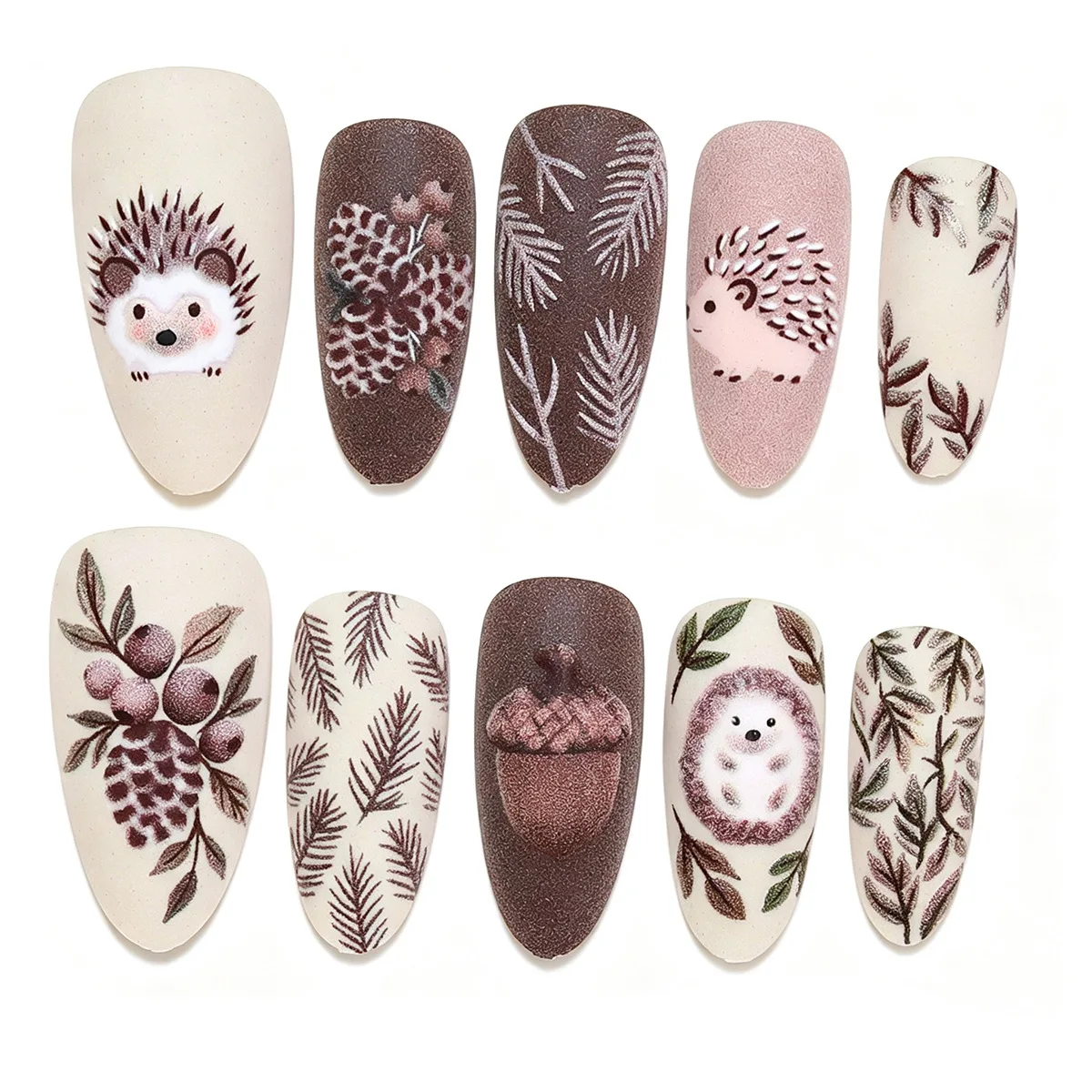 30pcs 3D Hedgehog Pinecone Acorn Press on Nails Coffee Brown Autumn Leaf Fake Nail Medium Almond False Nails Press on Almond