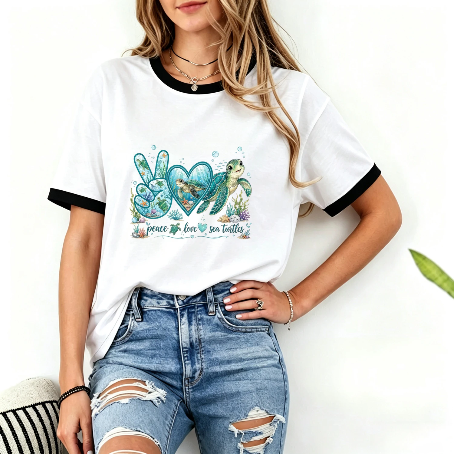 Peace Love Sea Turtles Shirt for Women, Ocean Marine Life Sea Turtle Graphic T-Shirt, Cute Turtle Lover Casual Short Sleeve Tee