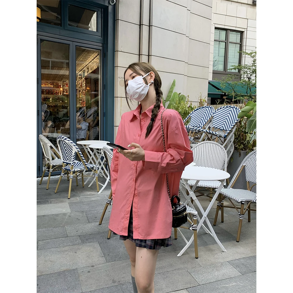 

Pink irt Women's Faion round Ne Regular Sve Pure Color Ba Slit Simple Design Comfortable Fit Ladies' irt