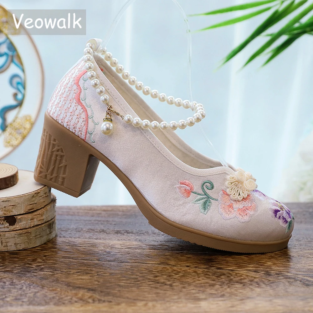 Veowalk 6cm High Block Heel Women Satin Cotton Embroidered Shoes with Pearls Strap Unique Elegant Comfortable Casual Pumps