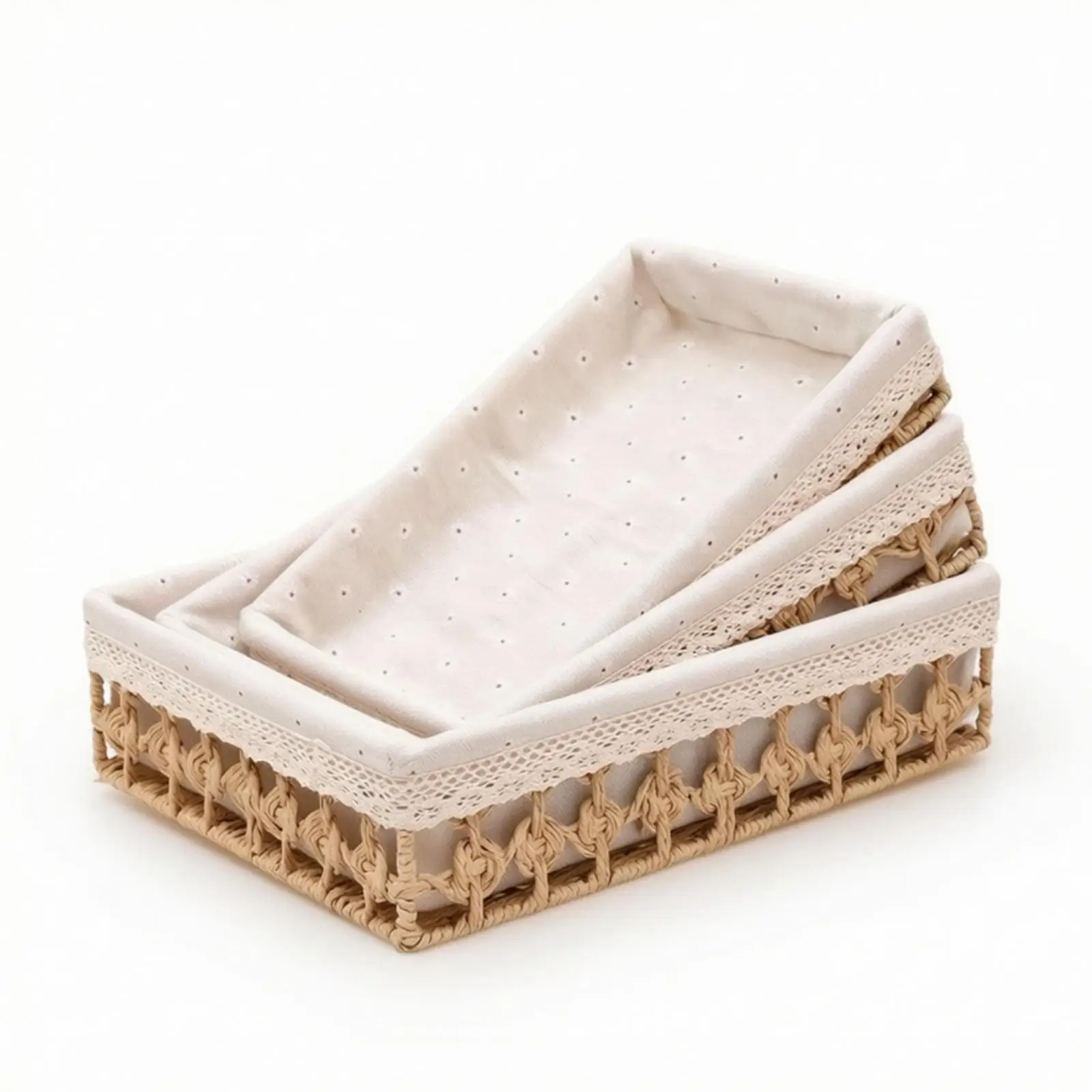 3 Pieces Woven Basket with Lining Shallow Storage Basket with Liner Boho Wicker