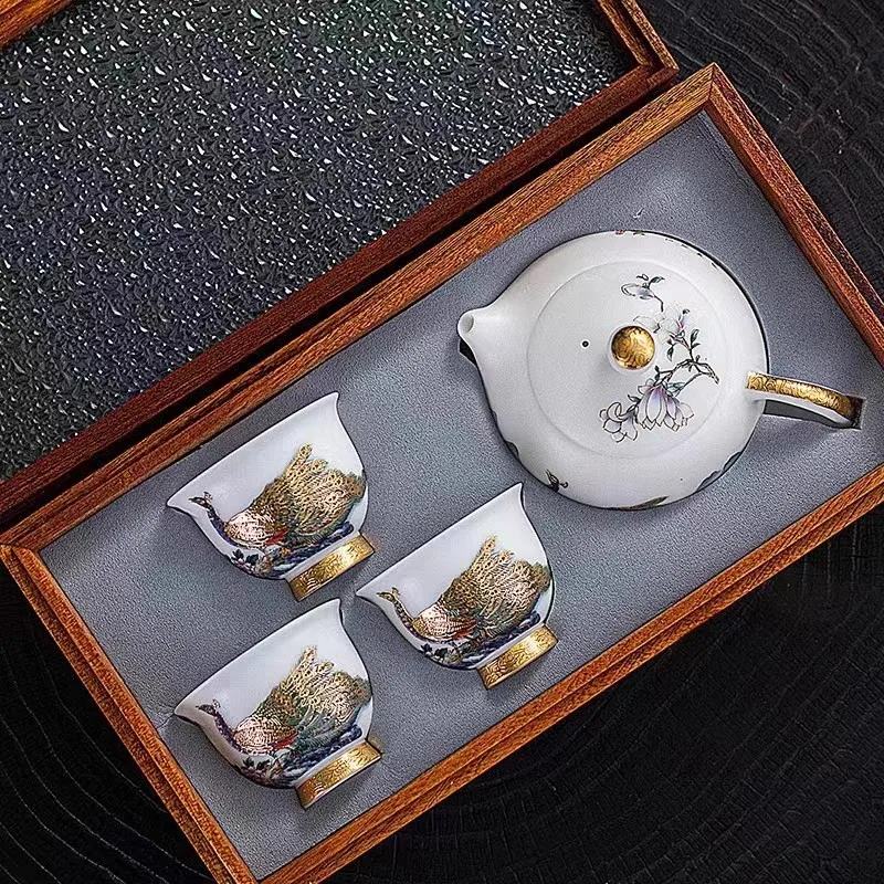 Tea Set Ice Jade Porcelain Three Cups One Pot Sheath Wooden Box Porcelain Kung Fu Tea Set Travel Tea Set Gift Packaging Gift