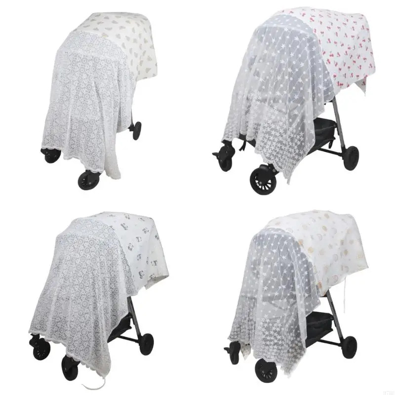 

97BE Full Coverage Baby Carriage Fly Netting Cotton Polyester Embroidered Design