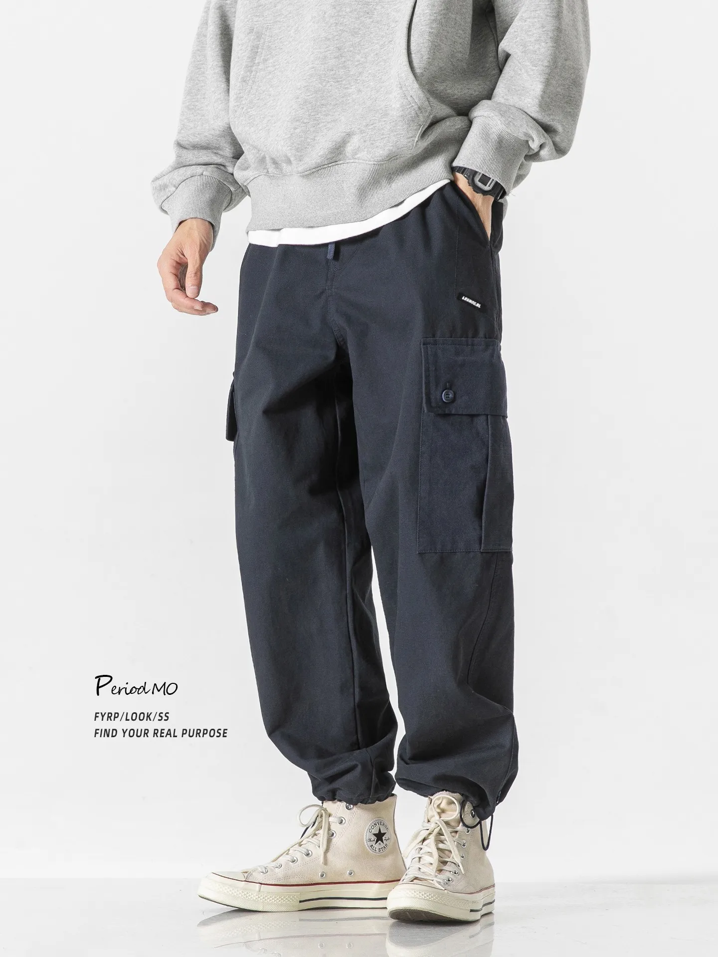 

Retro American Sle Men's Cargo Pants with kets Color Blo Dstring Loose Straight Leg Spring Autumn Faion Brand