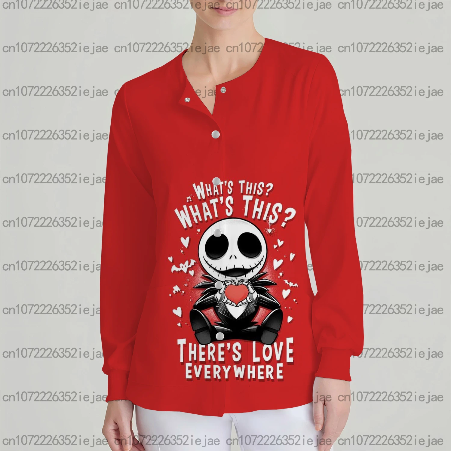 سترة نسائية جديدة بجيب مزدوج وأكمام طويلة وأزرار كبس سترة كابوس قبل عيد الميلاد سترة سالي مطبوعة معطف طبي