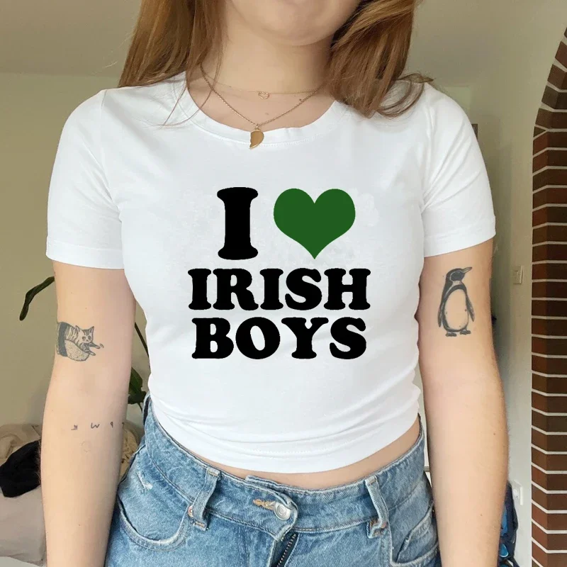 I Love Irish Boys Hip Hop Graphic Women Cropped Tops Harajuku Kawaii Clothes 2000s Y2k Baby Tee Fashion T Shirt Female Crop Top