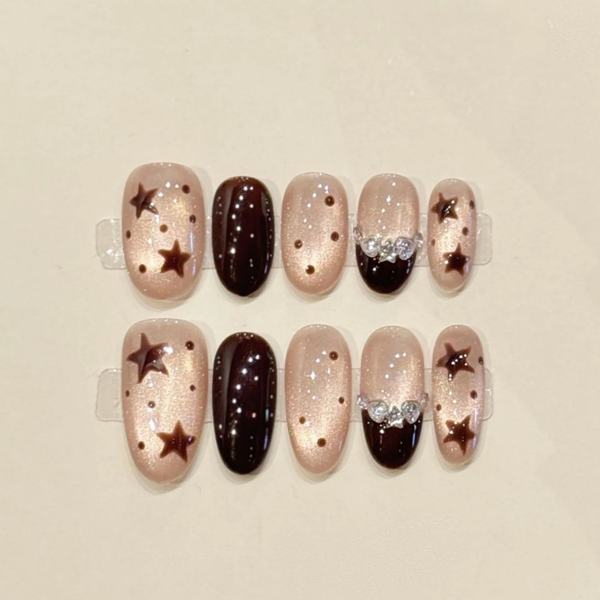 

10pcs French Handmade False Nail Art Cat's Eye Brown Short Round Fake Nail Star Design Oval Nails Tips Diamond Press on Nails
