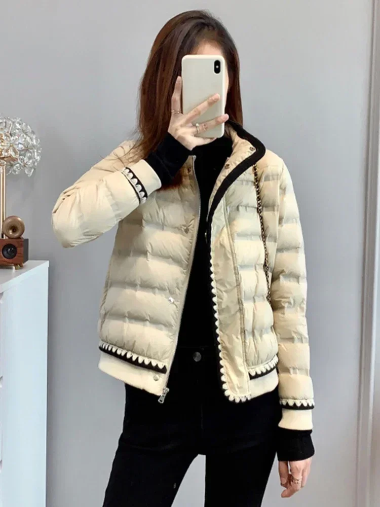 Down Jacket Winter Women 90 White Duck Down Coat Stand Collar Zipper Lace Solid Jacket Thick Warm Snow Parka Outwear European