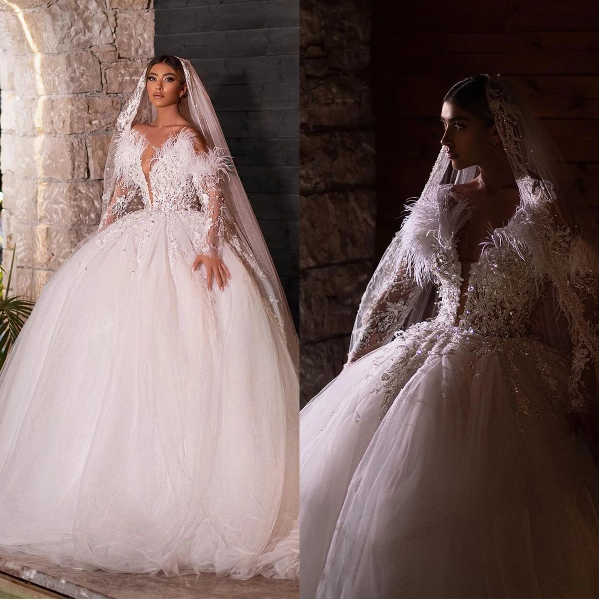 

Feathers Exquisite Wedding Dresses Sheer Neck Lace Bridal Gowns Custom Made Appliques Embroidery Vestido de novia