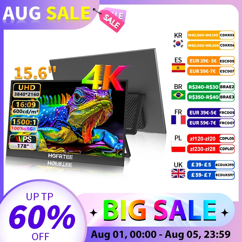 

HGFRETEE 4K 15.6 inch Portable Monitor UHD 100%sRGB USB-C HDMI 600cd/m2 IPS External Display for Laptop PC Mac PS5/4 Xbox Switch