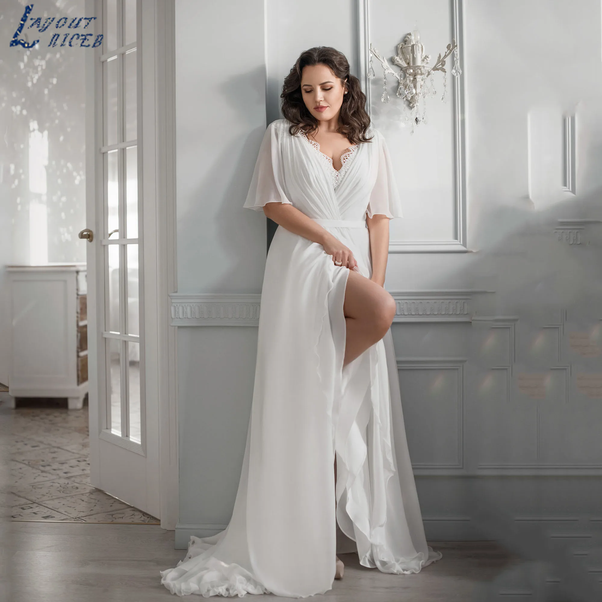 

LAYOUT NICEB Large Size Wedding Dress Chiffon V-Neck Batwing Sleeve Bride Gown A-Line Side Slit Boho vestido de novia Customized