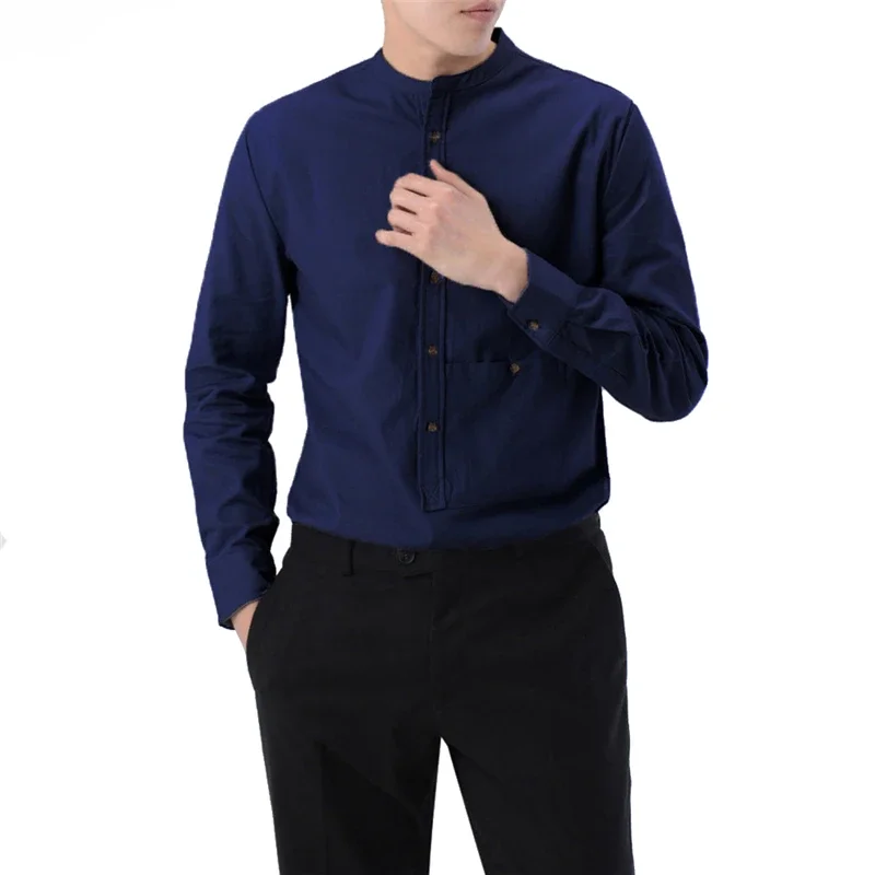 

Men's Solid Color Pullover Pocket Decoration Standing Collar Long Sleeved Shirt