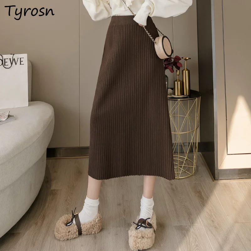 Skirts Women Solid Mujer Elegant Lady Mid-calf Knitting Tricot Tender All-match New Winter S-3XL Retro Midi High Waist Clothing