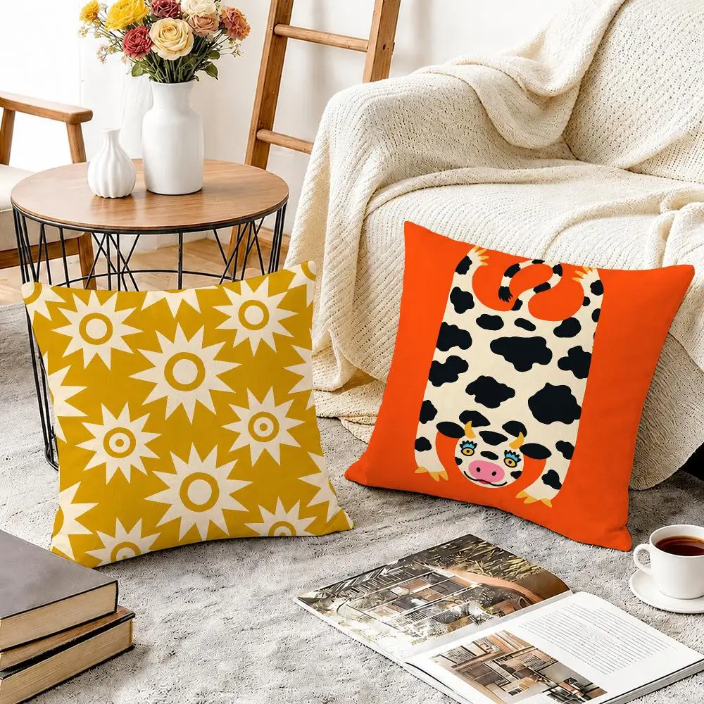 Eclectic Pink Orange Folk Art Cushion Cover Breathable Cool Natural Durable Linen Printed Pillow Case Decor Sofa Bedroom