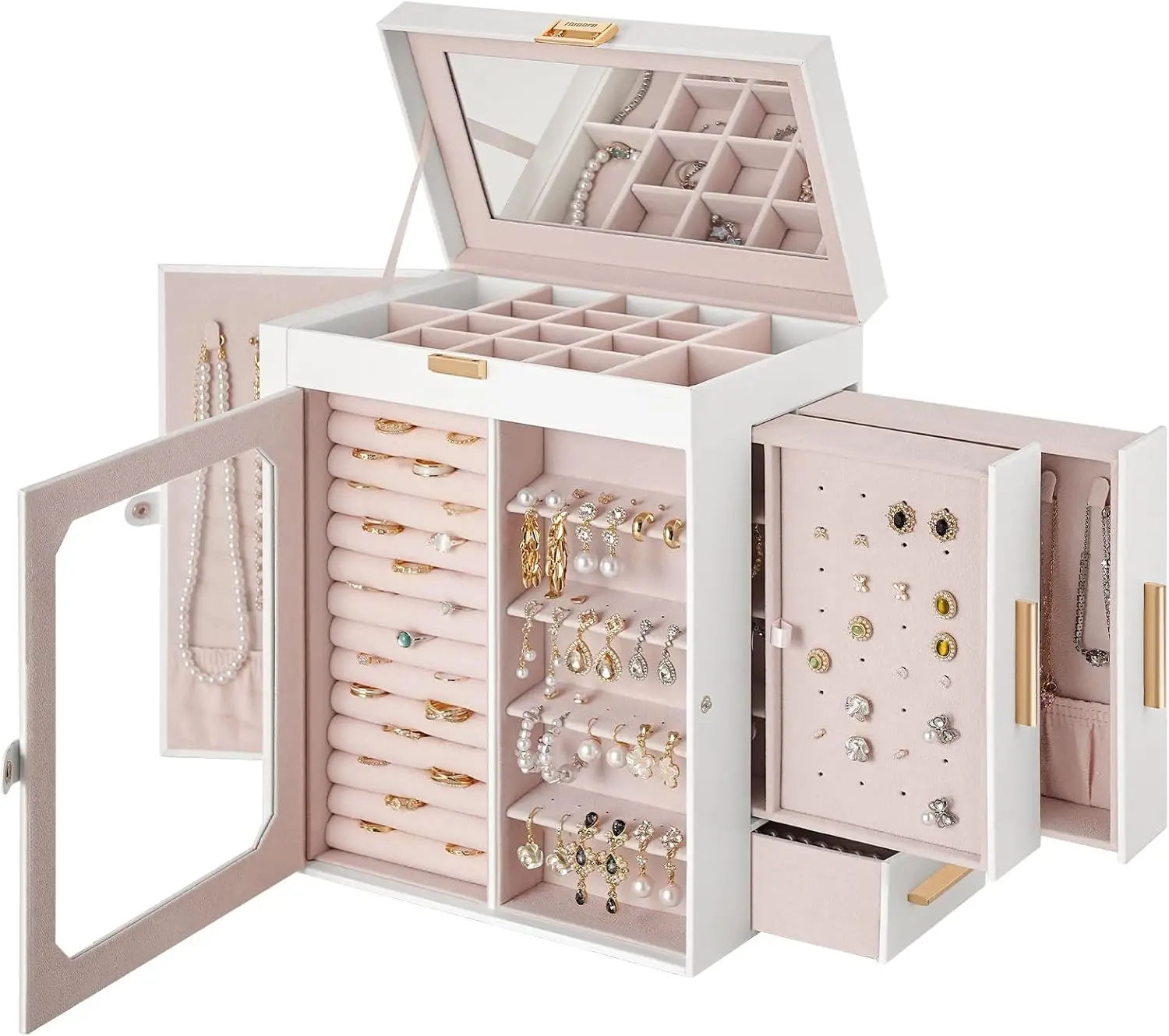 Jewelry Box with Mirror, Travel Jewelry Organizer with Glass Window, Jewelry Storage Case, Vertical Storage, Gift for Loved Ones, for Earrings, Rings, Necklaces, Bracelets, White WT03JB04G2