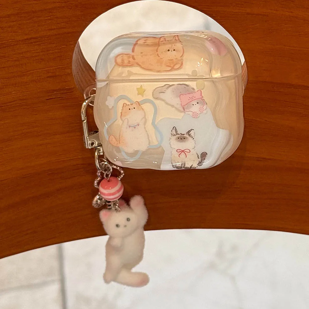 Cartoon Earphone Case for Apple Airpods4 Anc Cute Cat Wavy Shell for Airpods 5 1 2 3 Pro Pro2 Pendant Wireless Bluetooth Headset