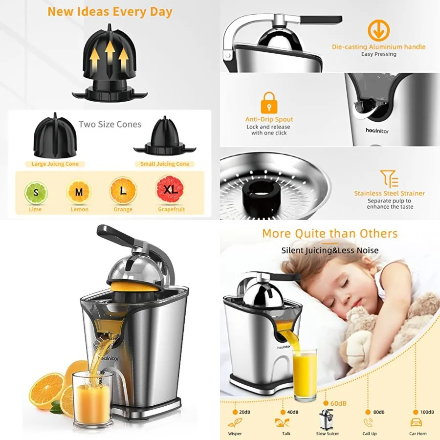 Exprimidor de Cítricos Eléctrico de 150W con 2 Conos, Máquina Extractora de Jugo de Naranja Silenciosa de Acero Inoxidable para Limón, Pomelo y Más