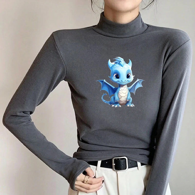 Winter Women's Thermal Brushed Fleece Half Mock Neck Long Sleeve T Shirt Blue Baby Dragon Sitting Graphic Warm Tee