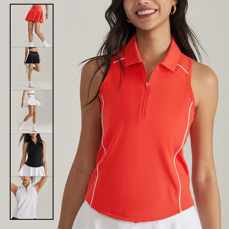 Women Tennis Outfit Quick Dry Polo Shirt Gym Workout Yoga Tank Top Ladies A-lined Slim Culottes Slim Badminton Skirt with Short