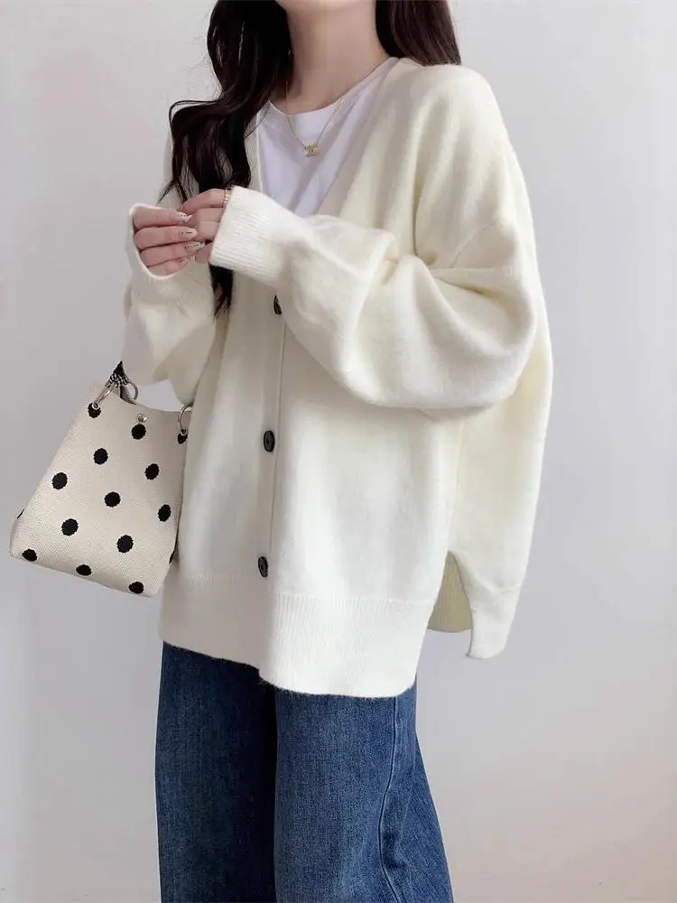 

Осень-зима, однотонный офисный женский свитер с v-образным вырезом и длинными рукавами, корейский женский однобортный кардиган для отдыха, вязаные топы, модные