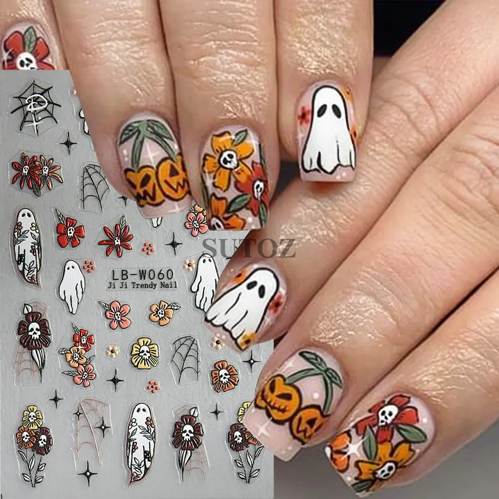 Pegatinas de uñas 5D, decoración de Halloween escalofriante, flor, fantasma, Calavera, margaritas, deslizadores, dijes de araña de frutas, calcomanía de manicura, LEBLB-W059