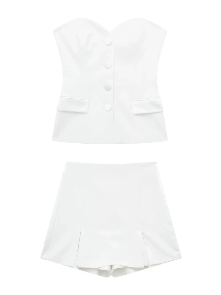 Ensemble short rose élégant pour femmes, épaules dénudées, débardeur sans bretelles, jupe courte fendue, mode Y2K, tenue de rue