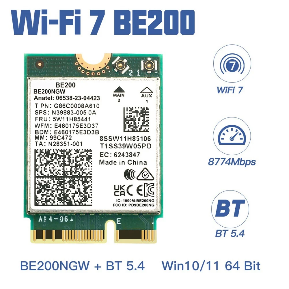 Adaptateur réseau sans fil pour Windows 10 et 11, BE200, BE200NGW, Stérilisation Bluetooth 5.4, 11Humanity, Leicrer and M.2 NGFF, WiFi 7