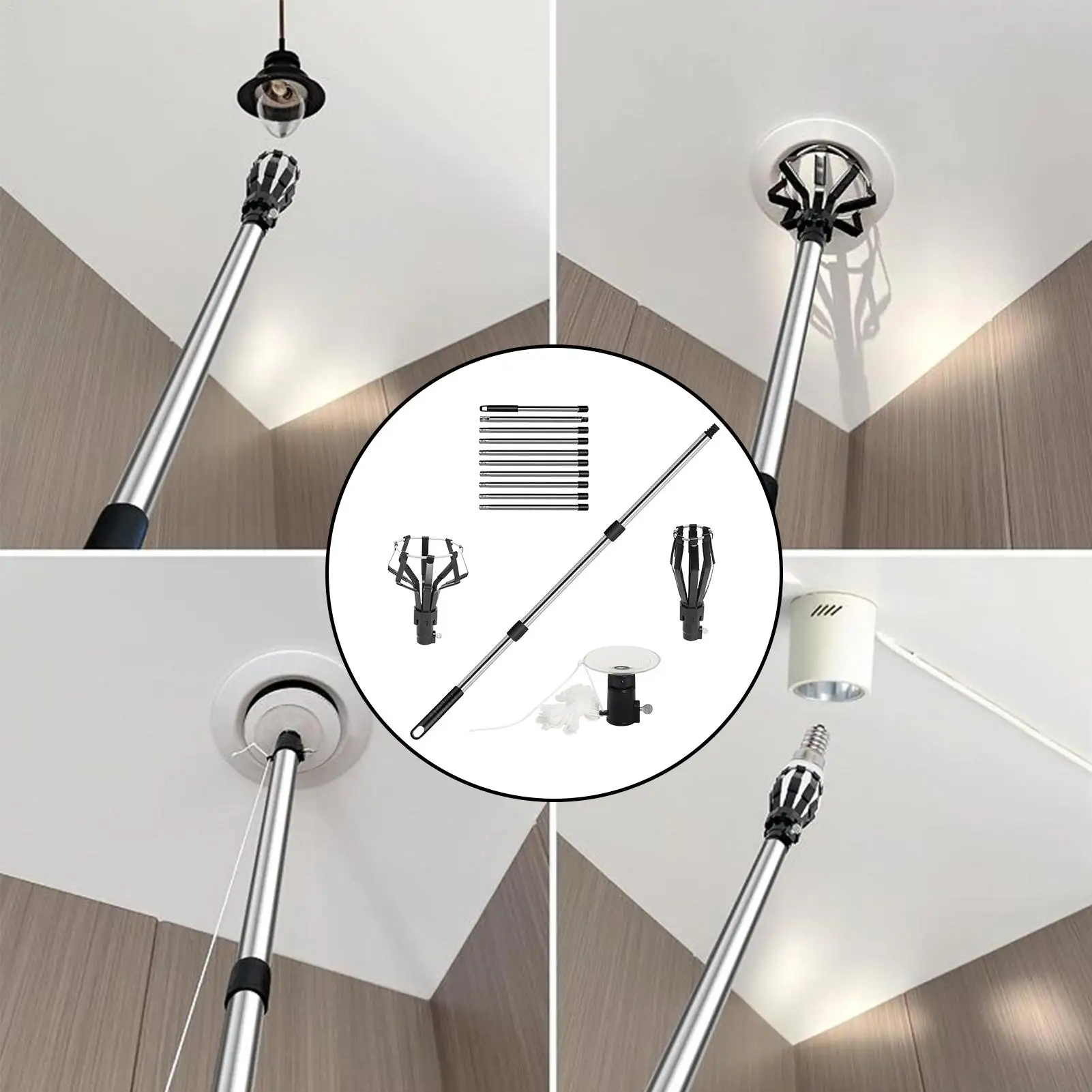 Light Bulb Extension Pole Changer Telescopic Light Changer Bulb Changing Artifact With Basket Suction Cup Extractor Pole For