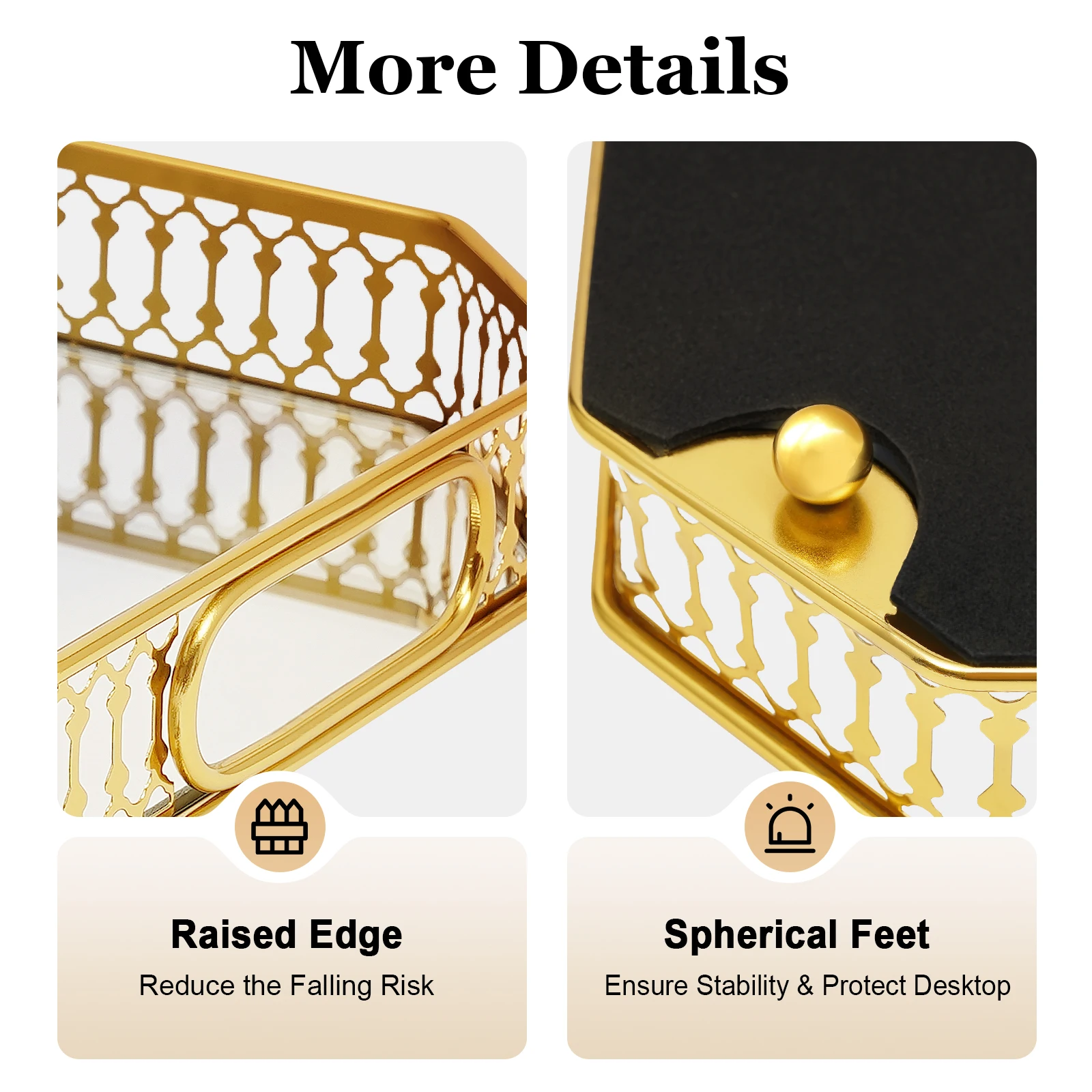 Bandeja decorativa dourada retangular, bandeja de mesa para servir, bandeja de vaidade, duas alças ocas em ambos os lados para armazenar vários itens