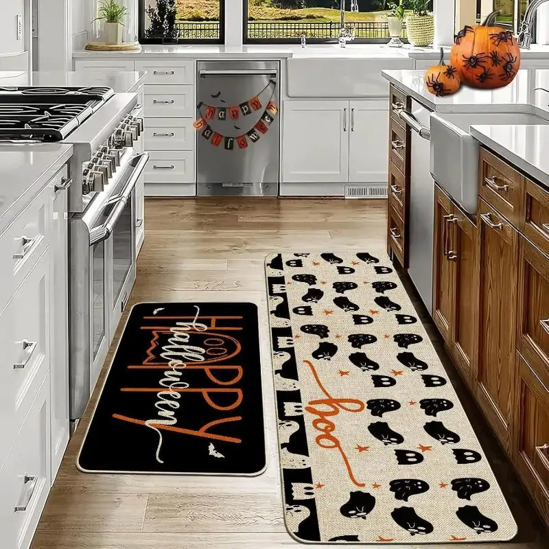 VIKAMA Halloween Kitchen Mat Set Witch Bat Funny Quote Bathroom Non Slip Runner Entryway Floor Spooky Decor Washable Durable