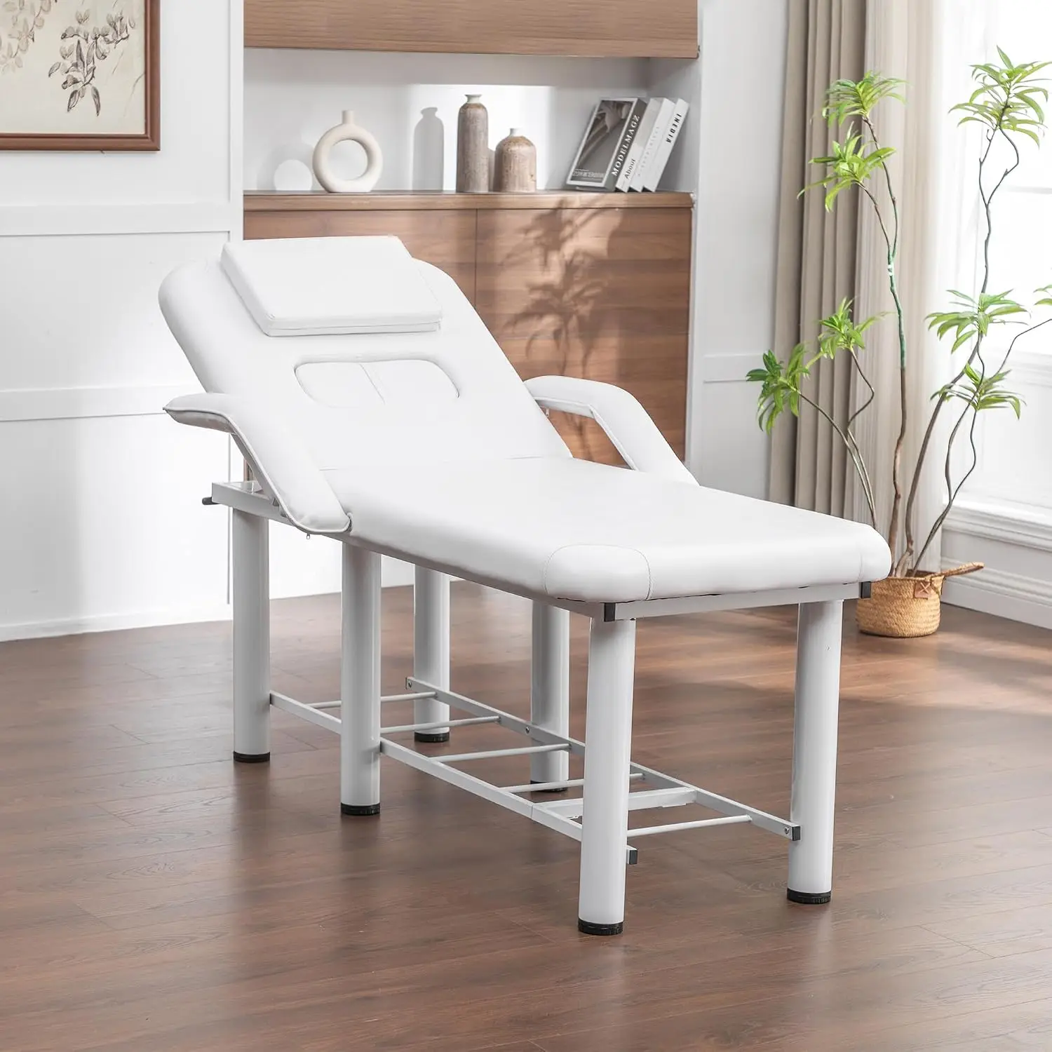 Professional Massage Treatment Bed 73.6 Inch with Handrail, Spa Facial Salon Bed with Removable Headrest & Chest Cushions, Stati