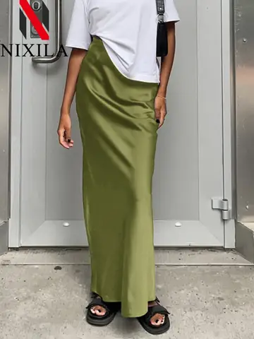 Eleganter Midi-Maxirock aus Seidensatin mit hoher Taille für Damen, Vintage-Stil, A-Linie, einfarbig, für Damen, Sommerkleidung
