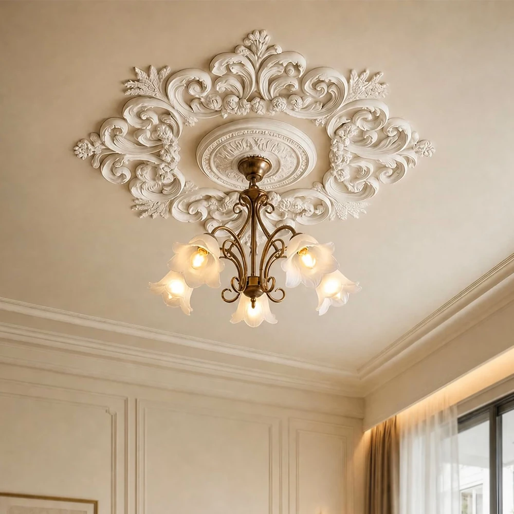 Lightweight PU Ceiling Medallion Combination,Decorative French Style Ceiling Rose Chandelier Base, Medallion for Light Fixtures