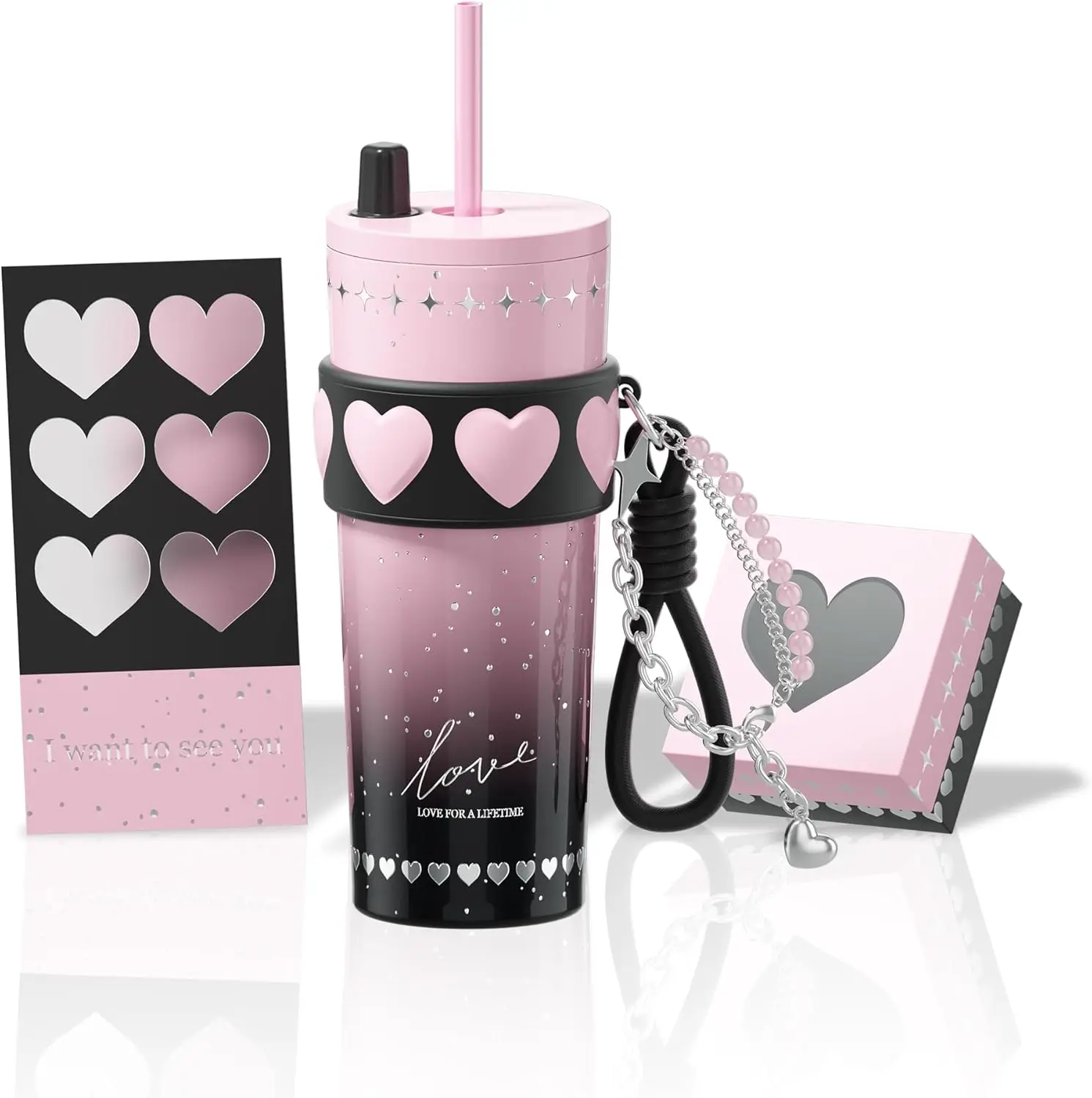 

Термокружка из нержавеющей стали на 24 унции с крышкой и соломинкой, герметичная дорожная кружка, розовая многоразовая кофейная чашка для женщин