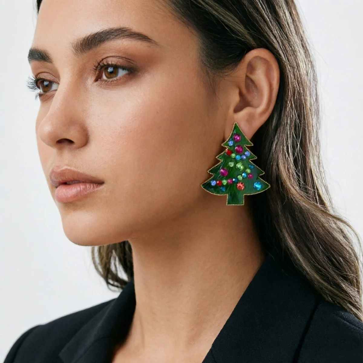 Bunte Strass-Ohrringe mit grüner Emaille, Weihnachtsbaum-Ohrstecker für Frauen, künstliche Perlen, Weihnachtsbaum-Ohrringe, Neujahrsparty-Schmuck – Detail 17