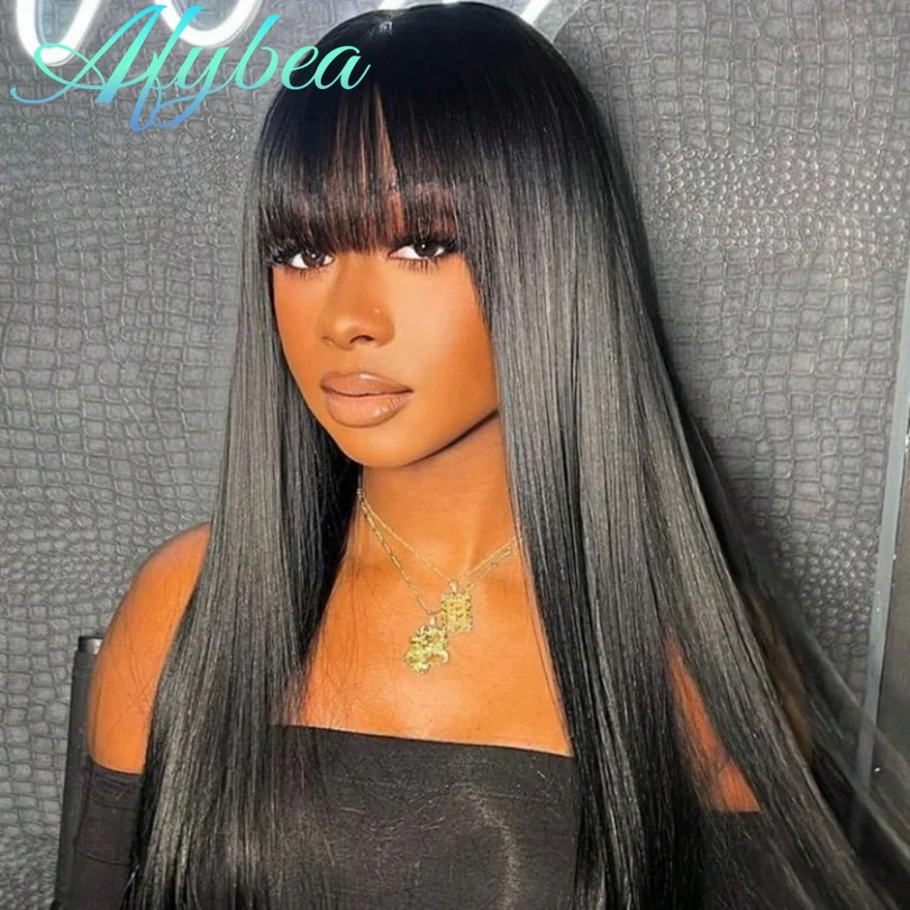 

Бесклеевой парик из человеческих волос с челкой, прямые парики из натуральных волос, 30 дюймов, бразильские парики на шнурке 3x1, натуральный черный цвет для женщин