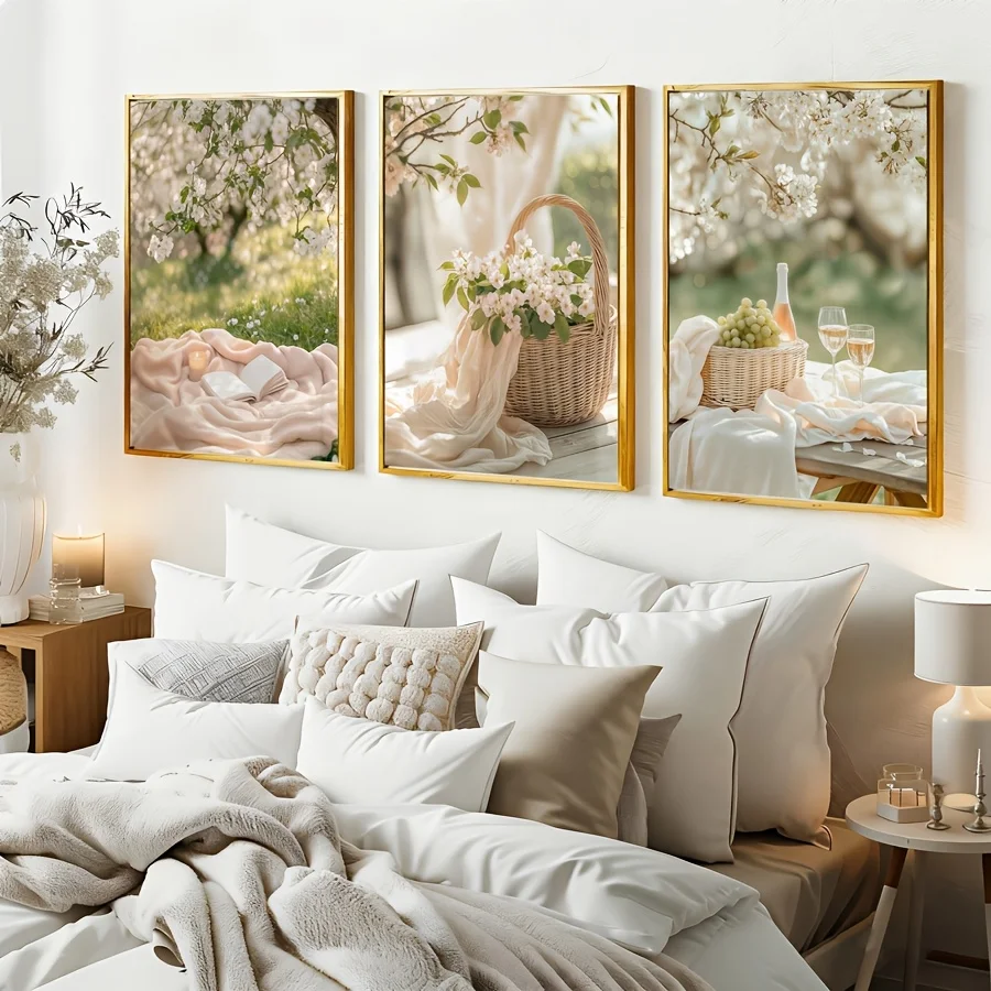 3pcs/set Floral Baskets and Outdoor Picnic Canvas Printing Retro Soft Spring Wall Art Posters for Modern Living Room Home Decor