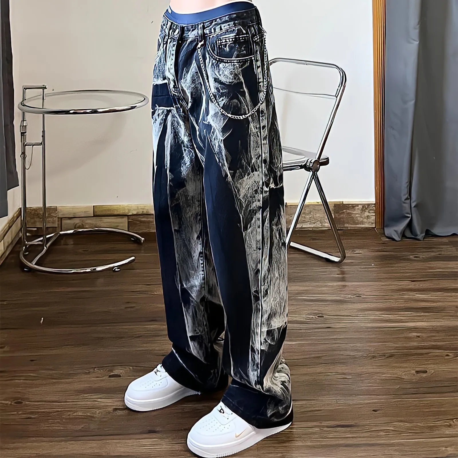 Black Jeans Women Tie Dye Washed Straight Wide Leg Pants High Waist Goth Vintage Streetwear Denim Casual Hippie Trousers