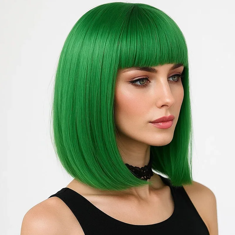 

12-дюймовый зеленый парик боб, подходящий для всех женщин, челка из синтетического волокна без клея, натуральный пушистый стиль