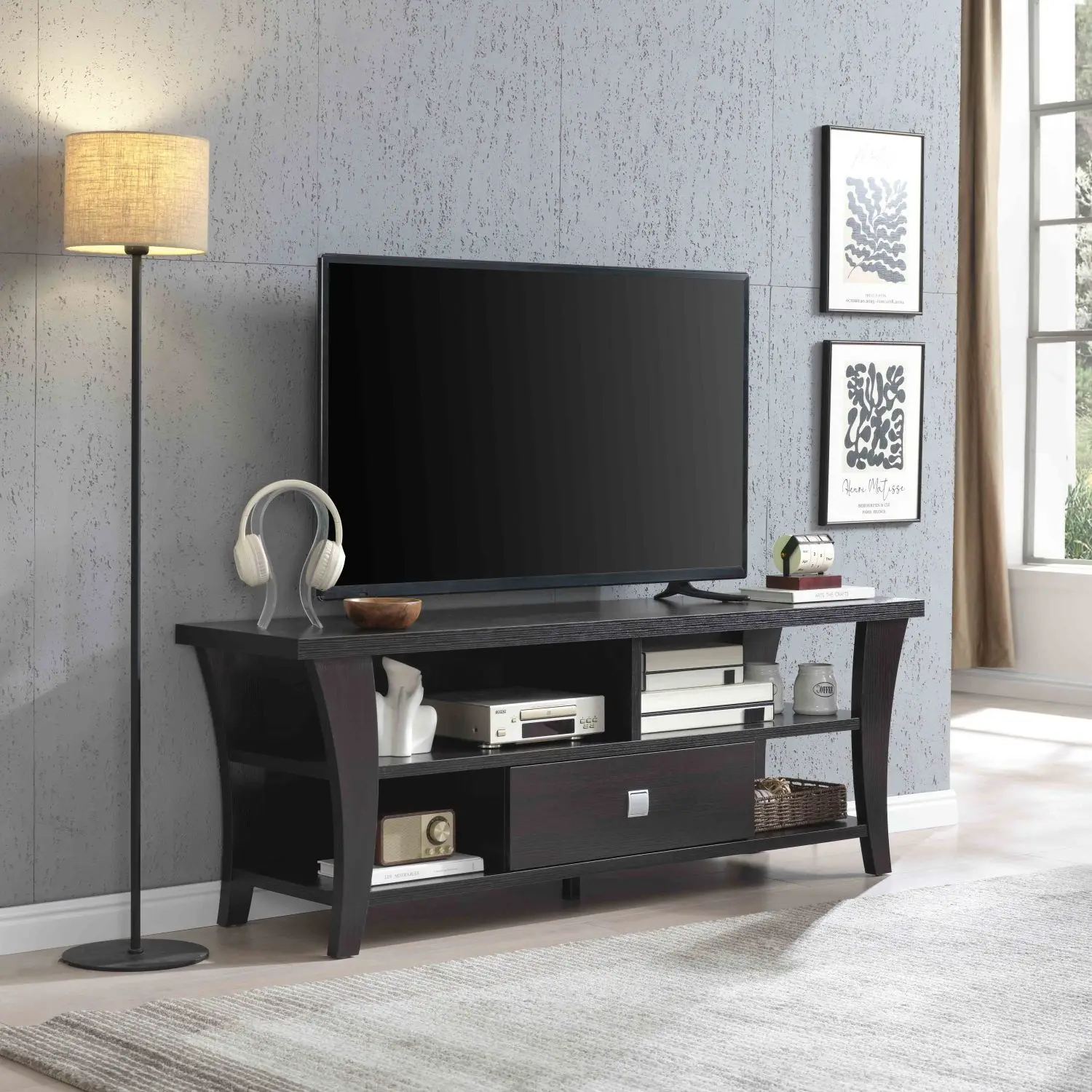 Modern design TV stand cabinet with curved legs, a drawer metal sliding square handle, separate shelves and two small rooms