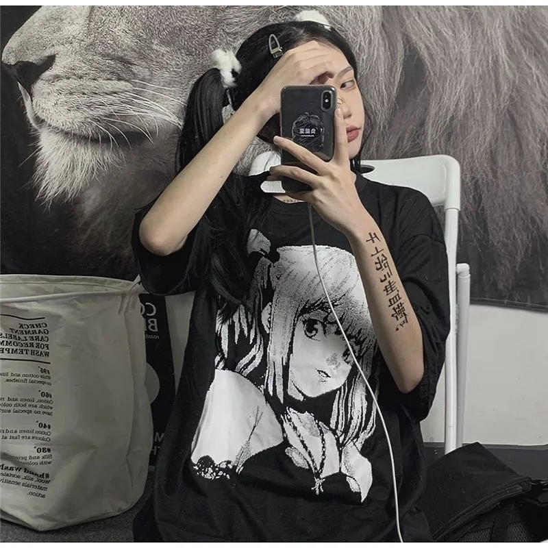 Japan Style Grunge E Girl Top Mujer Anime Print T-Shirts Women Black Goth Graphic Tees 2022 Summer Alt Clothes Punk Chic