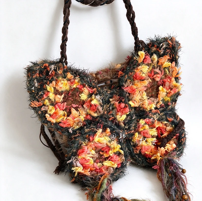 Handmade Colorful Butterfly Fuzzy Single Shoulder Bag Women Custom Size Plush Knitted Purse Girls Casual Festival Accessory Lady