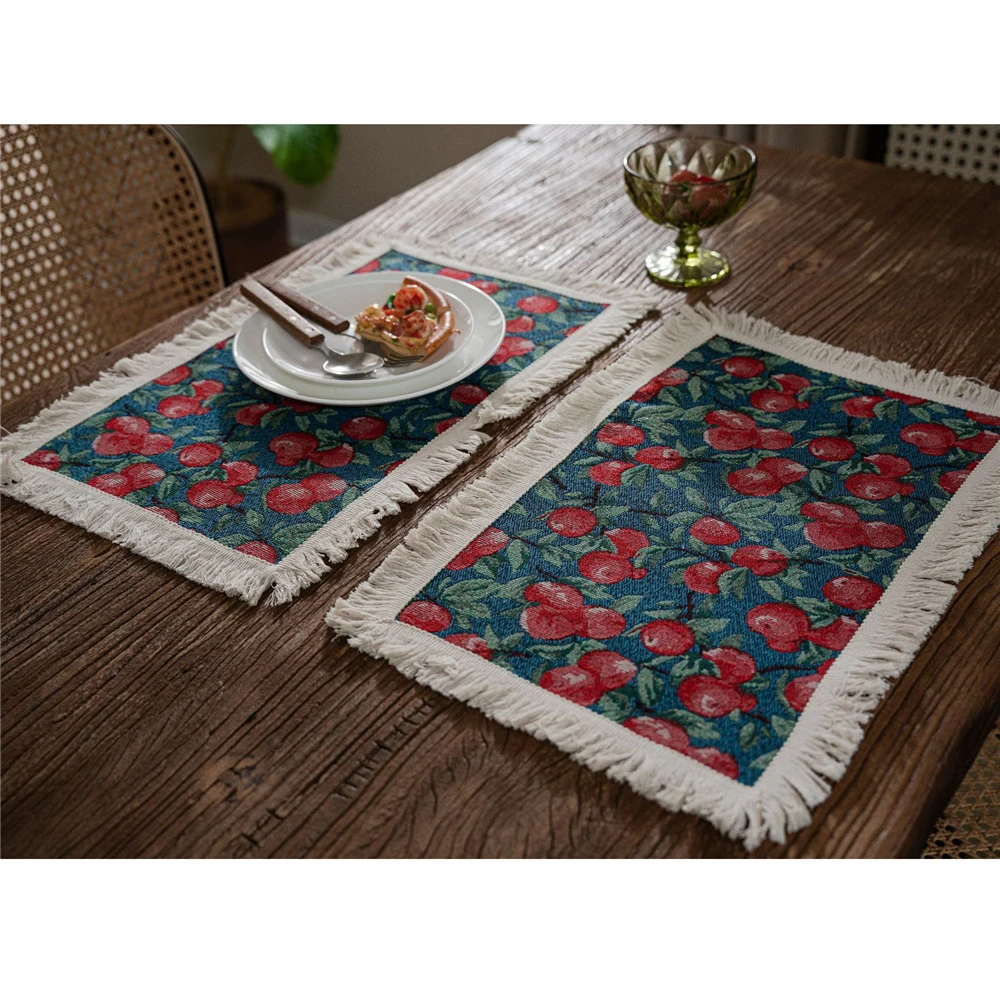 Jacquard Placemats with Tassel For Table Retro America Style Dining Table Mat Cotton Linen Pad Coaster Party Wedding Table Decor